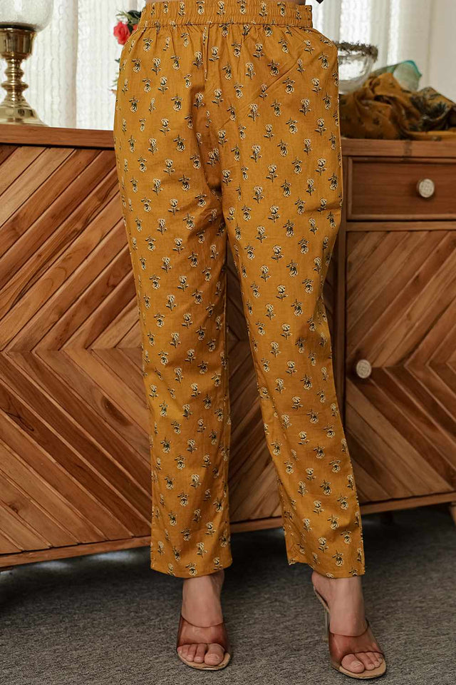 Mustard Floral Print Cotton Kurti Pant Set