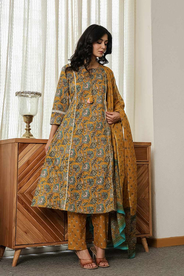 Mustard Floral Print Cotton Kurti Pant Set