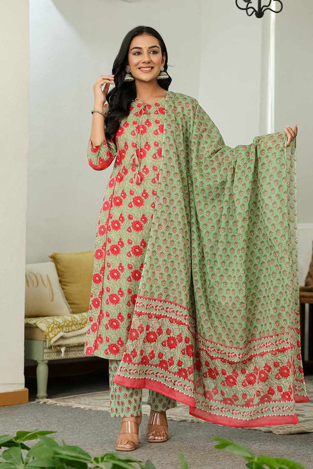 Sea-Green Floral Print Cotton Kurti Pant Set