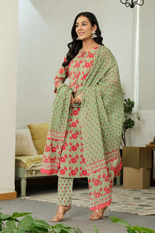 Sea-Green Floral Print Cotton Kurti Pant Set
