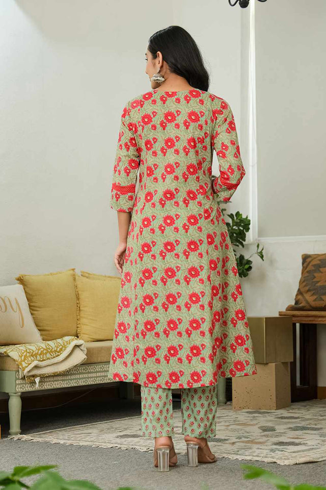 Sea-Green Floral Print Cotton Kurti Pant Set
