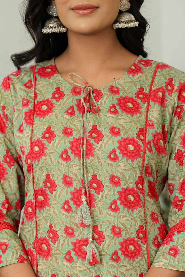 Sea-Green Floral Print Cotton Kurti Pant Set