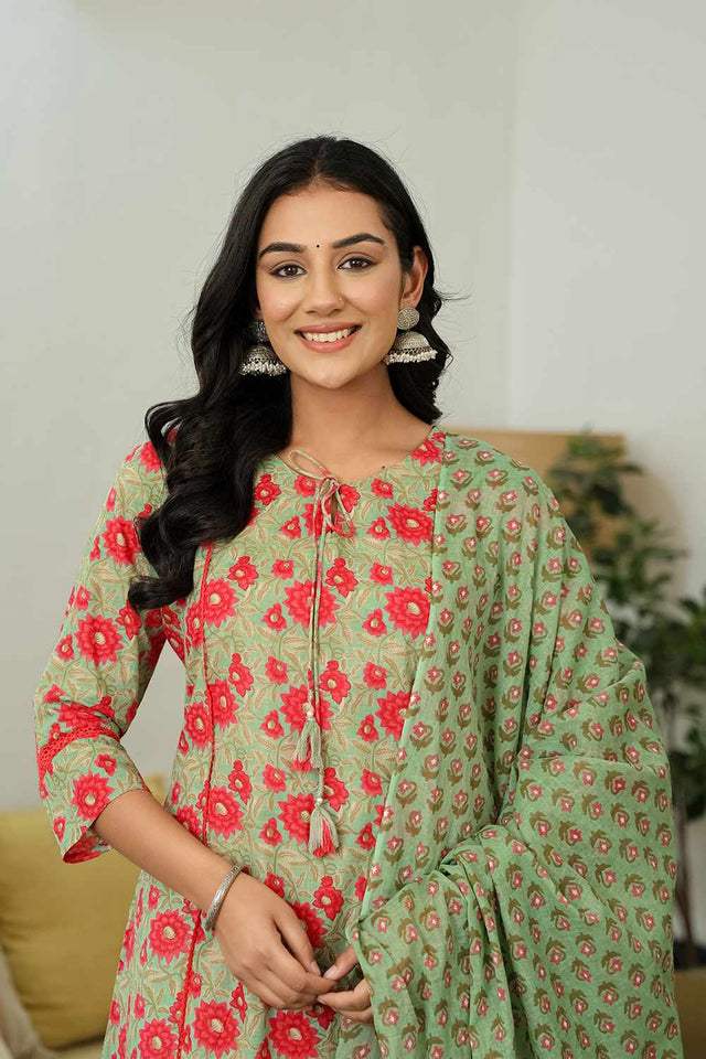 Sea-Green Floral Print Cotton Kurti Pant Set