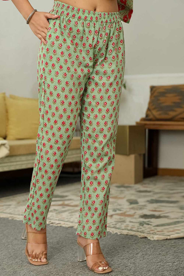 Sea-Green Floral Print Cotton Kurti Pant Set