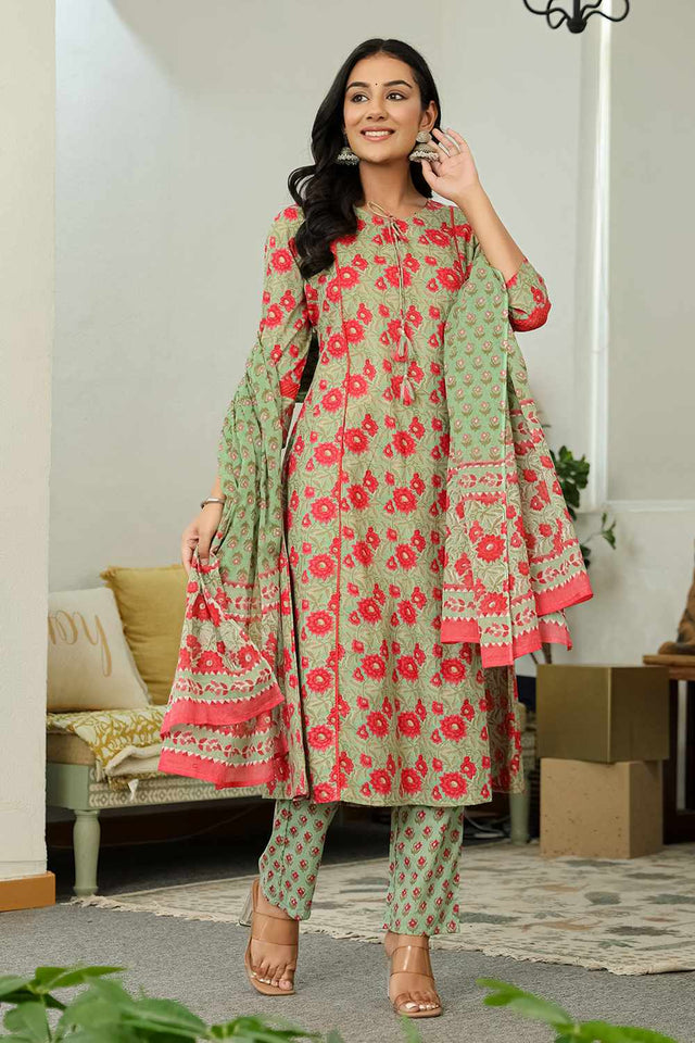 Sea-Green Floral Print Cotton Kurti Pant Set