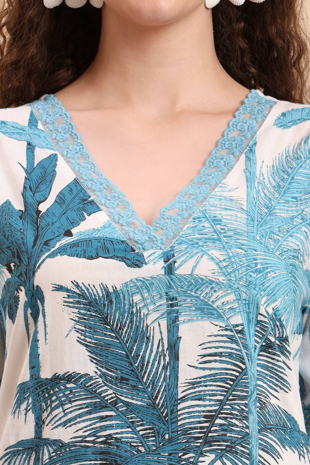 Blue Printed Cotton Straight Cut Suit Set