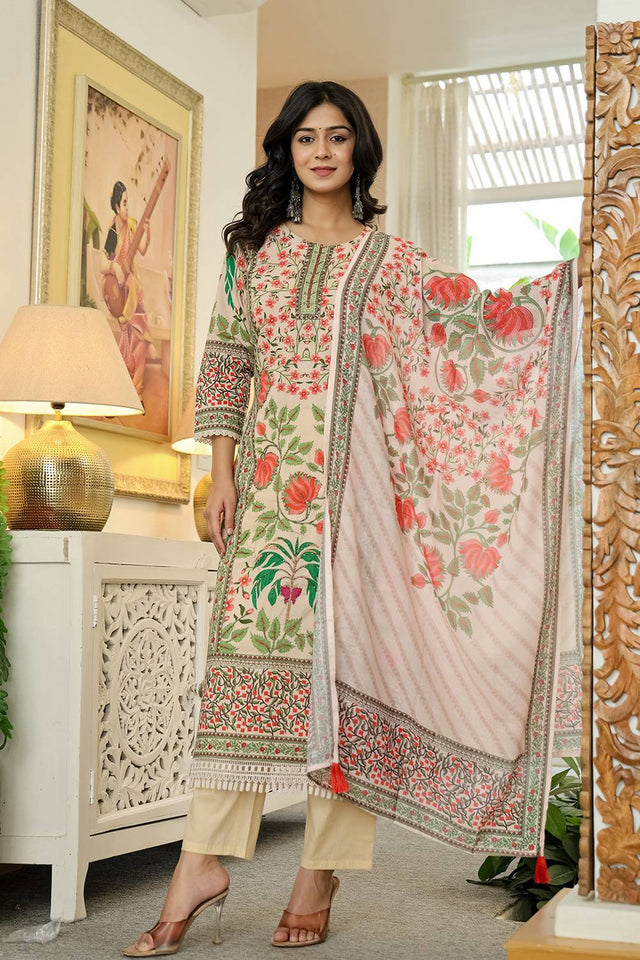 Pink Floral Printed Cotton Straight Cut Suit Set