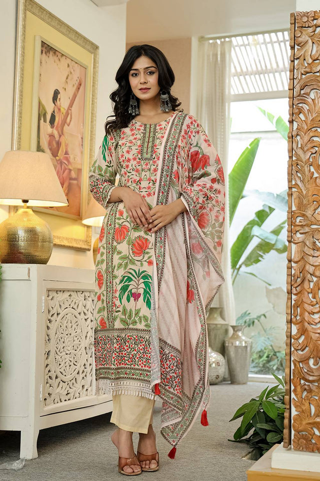 Pink Floral Printed Cotton Straight Cut Suit Set
