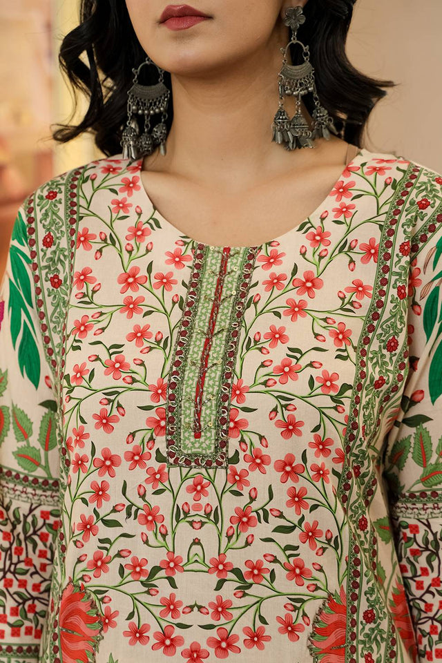 Pink Floral Printed Cotton Straight Cut Suit Set