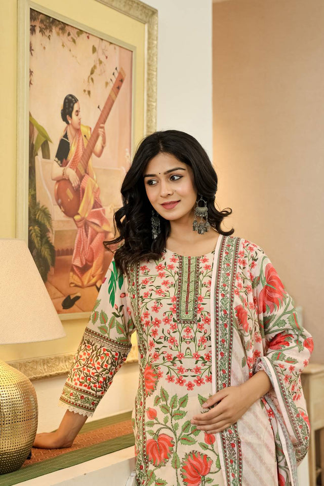 Pink Floral Printed Cotton Straight Cut Suit Set