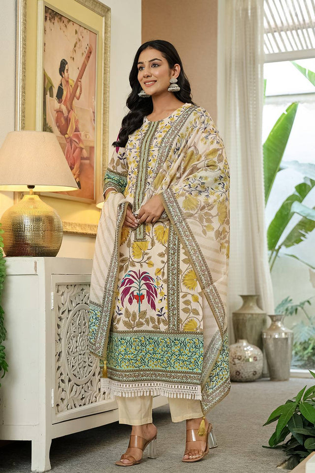 Yellow Floral Printed Cotton Straight Cut Suit Set