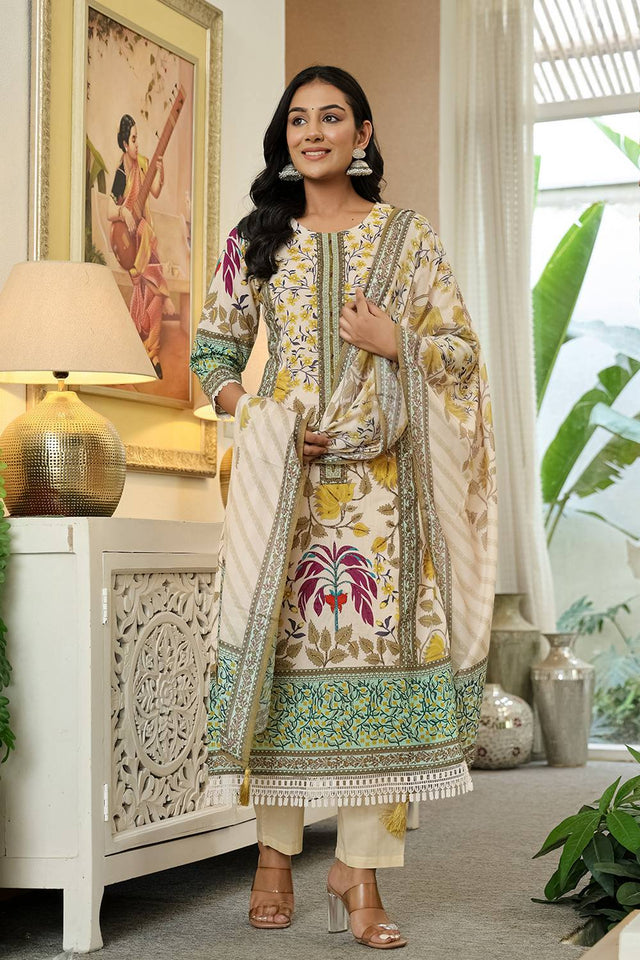 Yellow Floral Printed Cotton Straight Cut Suit Set