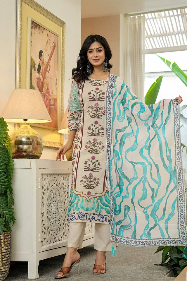 Blue Floral Printed Cotton Straight Cut Suit Set
