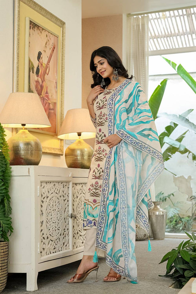 Blue Floral Printed Cotton Straight Cut Suit Set