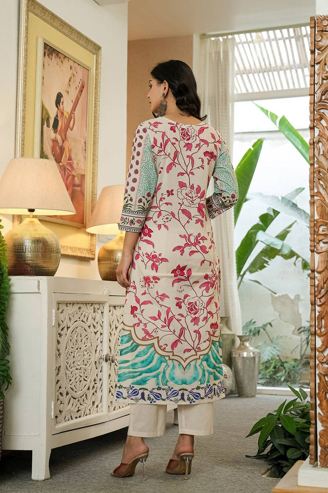 Blue Floral Printed Cotton Straight Cut Suit Set