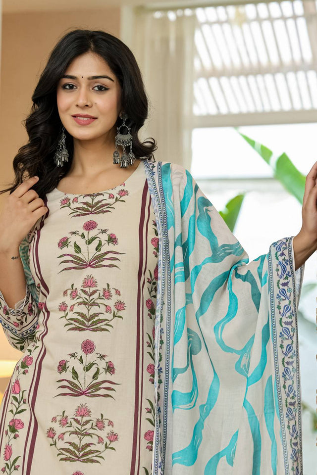 Blue Floral Printed Cotton Straight Cut Suit Set