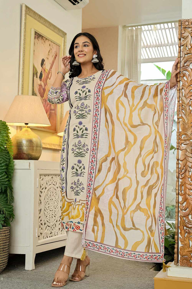 Yellow Floral Print Cotton Kurti Pant Set