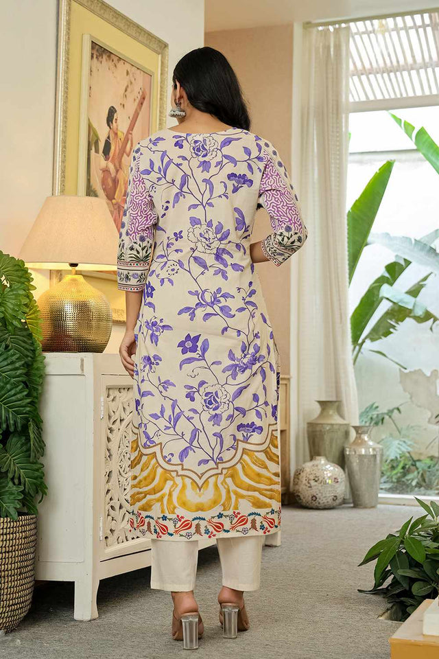 Yellow Floral Print Cotton Kurti Pant Set