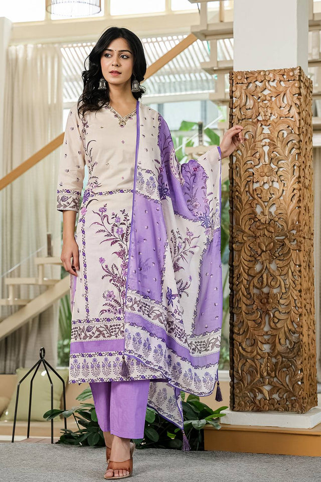 Violet Floral Printed Cotton Straight Cut Suit Set
