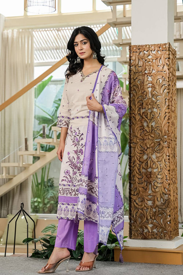 Violet Floral Printed Cotton Straight Cut Suit Set