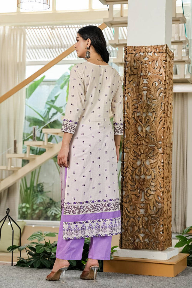 Violet Floral Printed Cotton Straight Cut Suit Set