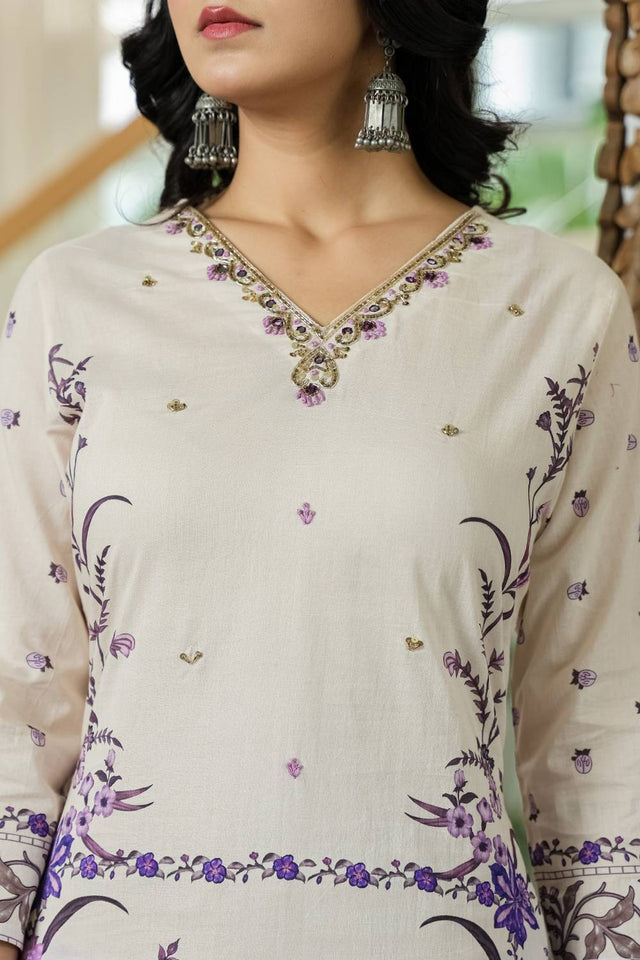 Violet Floral Printed Cotton Straight Cut Suit Set