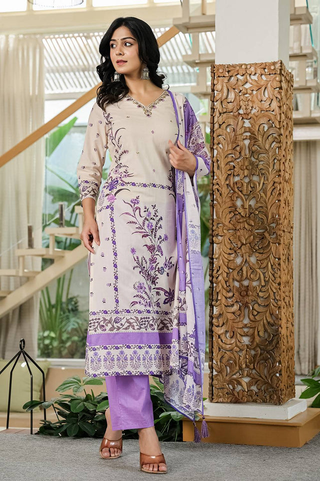 Violet Floral Printed Cotton Straight Cut Suit Set