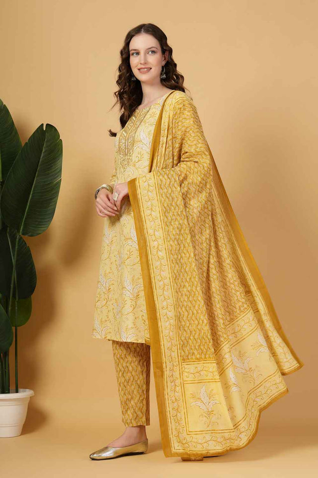 Yellow Floral Printed Cotton Kurti Pant Set