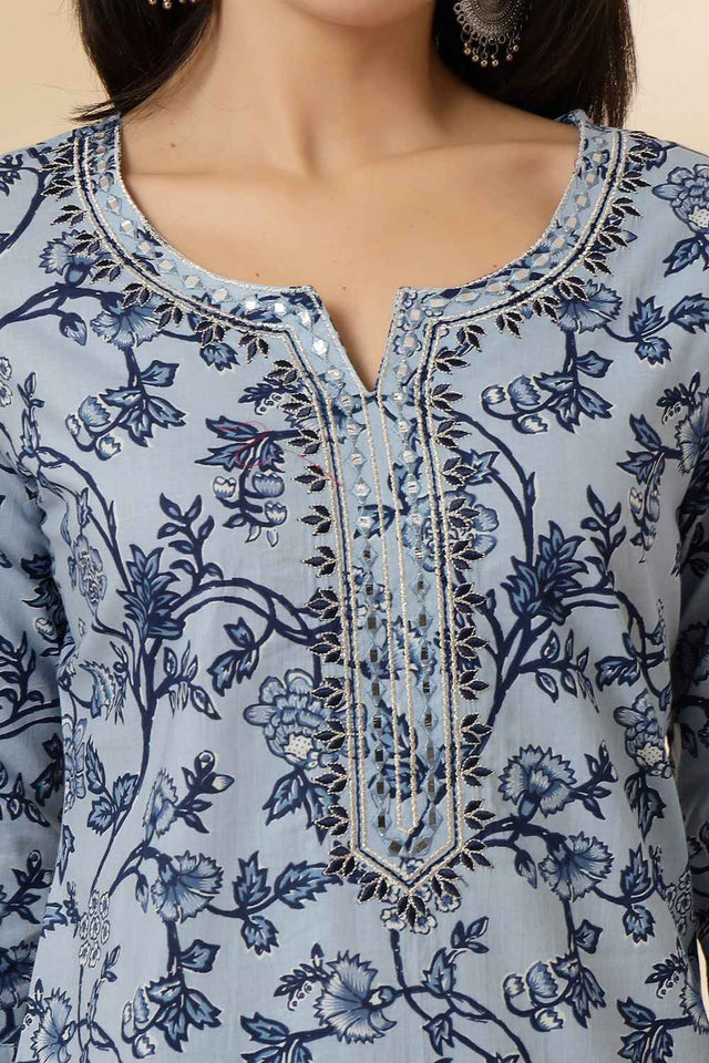Blue Floral Printed Cotton Kurti Pant Set