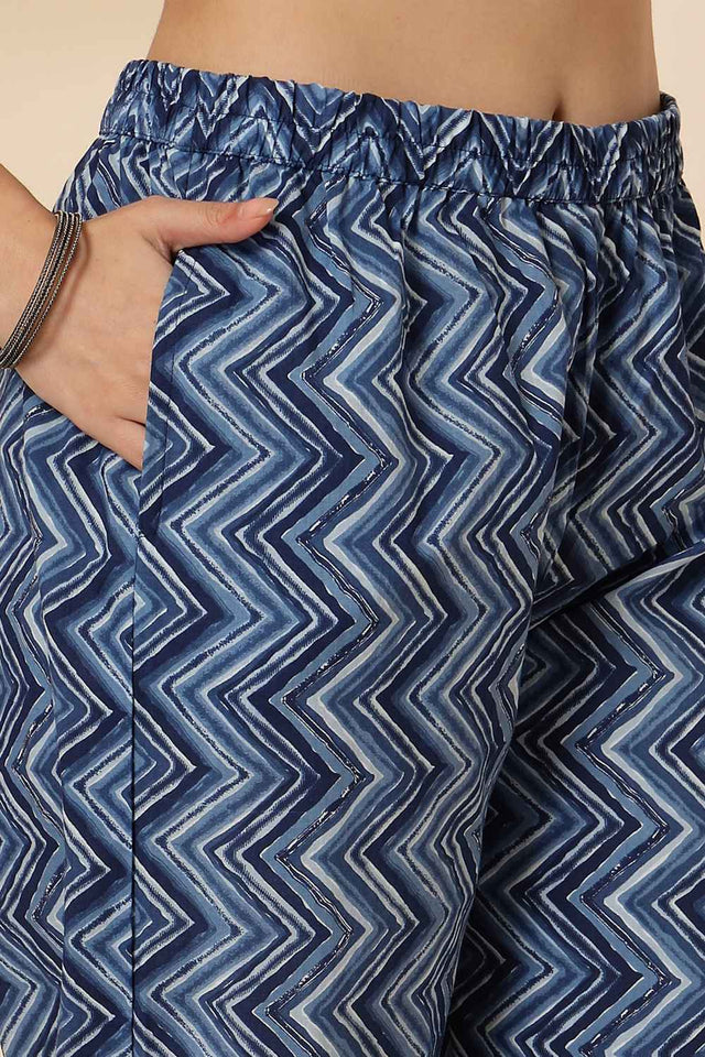 Blue Floral Printed Cotton Kurti Pant Set