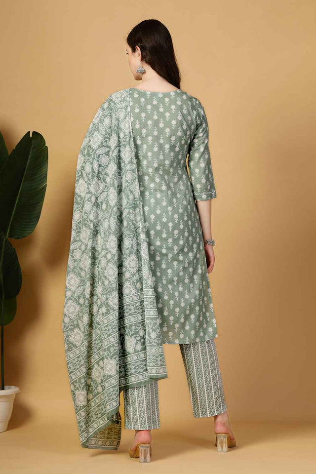 Turquoise Floral Printed Cotton Kurti Pant Set