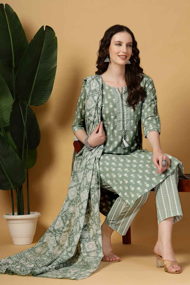 Turquoise Floral Printed Cotton Kurti Pant Set