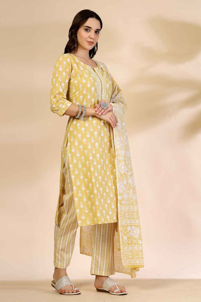 Yellow Floral Printed Cotton Kurti Pant Set