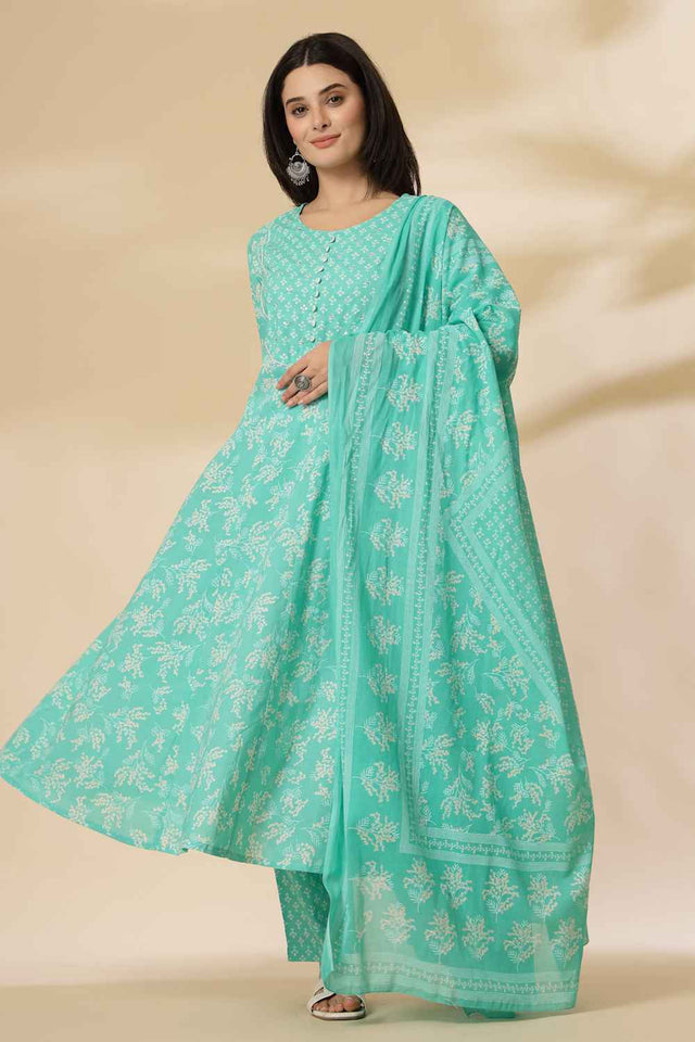 Turquoise Floral Printed Cotton Anarkali Suit Set
