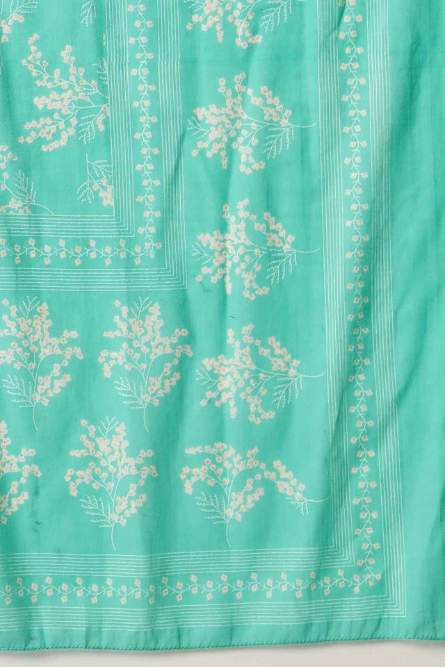 Turquoise Floral Printed Cotton Anarkali Suit Set