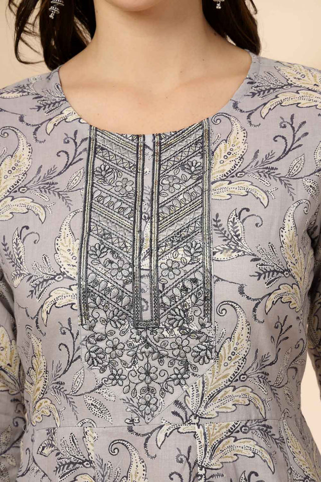 Grey Floral Printed Cotton Anarkali Suit Set