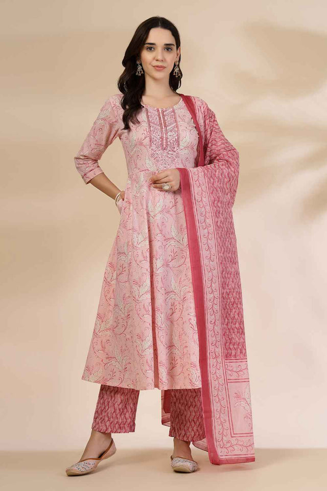 Pink Floral Printed Cotton Anarkali Suit Set