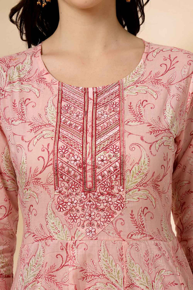 Pink Floral Printed Cotton Anarkali Suit Set