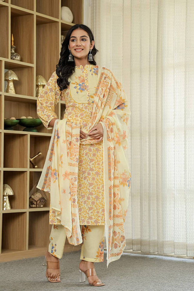 Yellow Floral Printed Cotton Straight Cut Suit Set