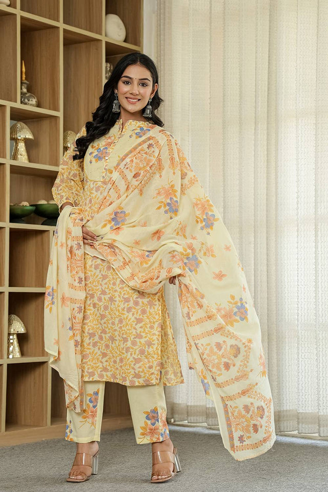 Yellow Floral Printed Cotton Straight Cut Suit Set