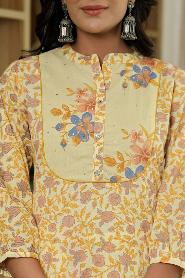 Yellow Floral Printed Cotton Straight Cut Suit Set