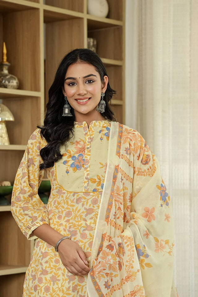 Yellow Floral Printed Cotton Straight Cut Suit Set