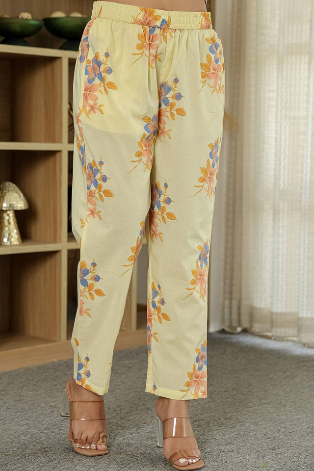Yellow Floral Printed Cotton Straight Cut Suit Set