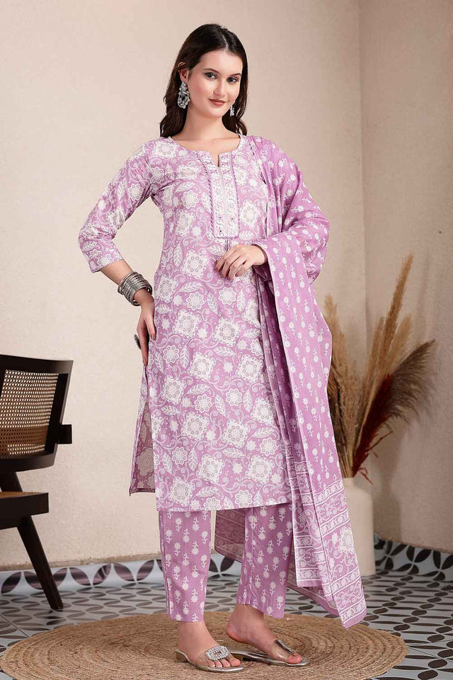 Violet Floral Printed Cotton Kurti Pant Set