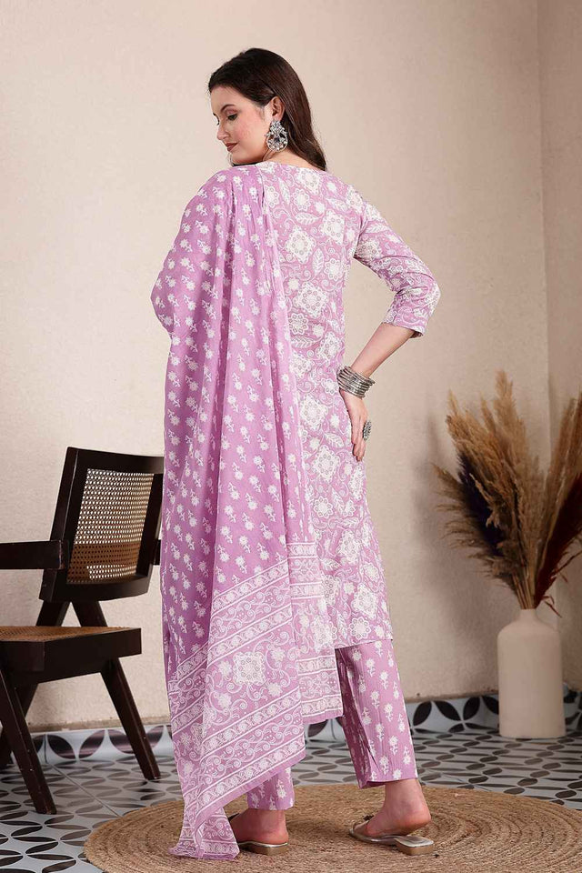 Violet Floral Printed Cotton Kurti Pant Set