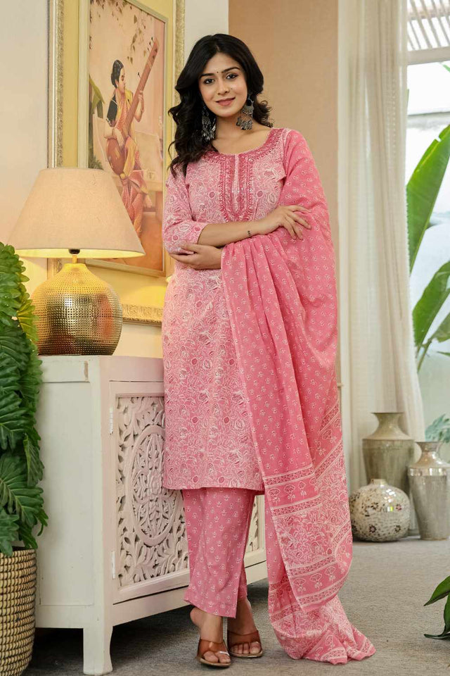 Pink Floral Print Cotton Kurti Pant Set