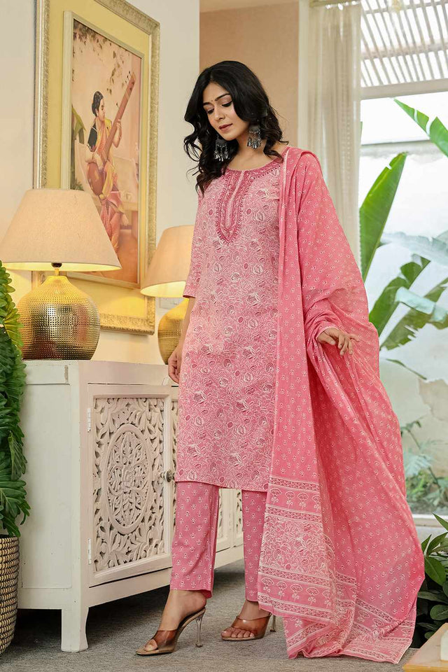 Pink Floral Print Cotton Kurti Pant Set