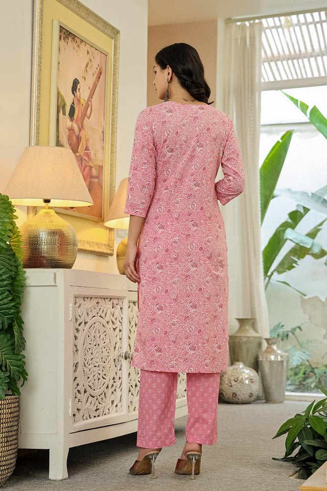 Pink Floral Print Cotton Kurti Pant Set