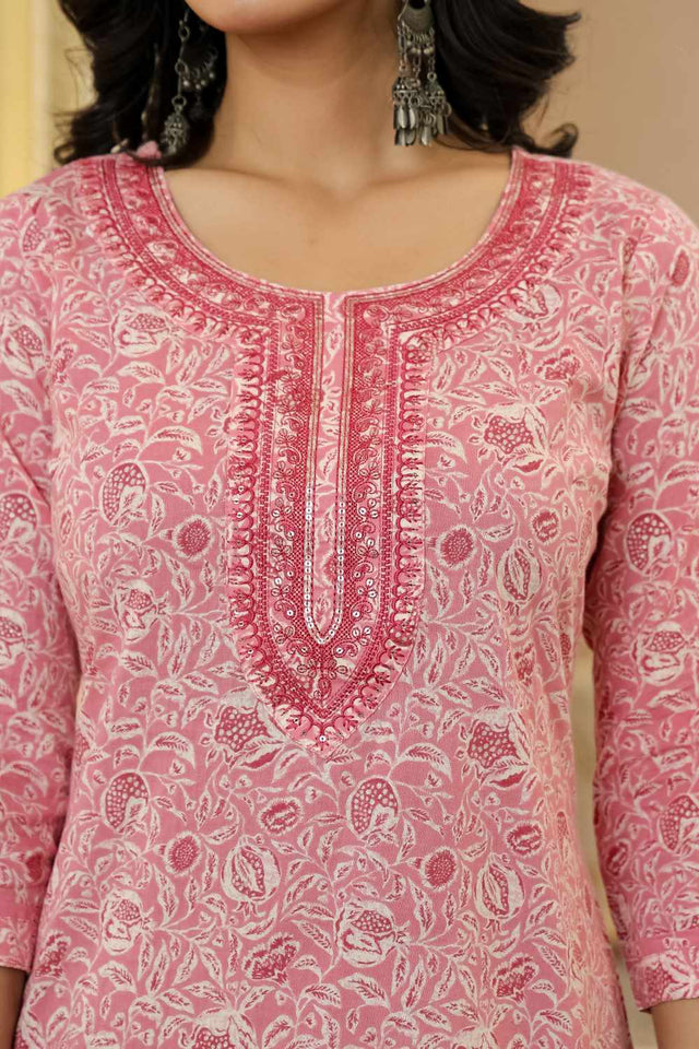 Pink Floral Print Cotton Kurti Pant Set