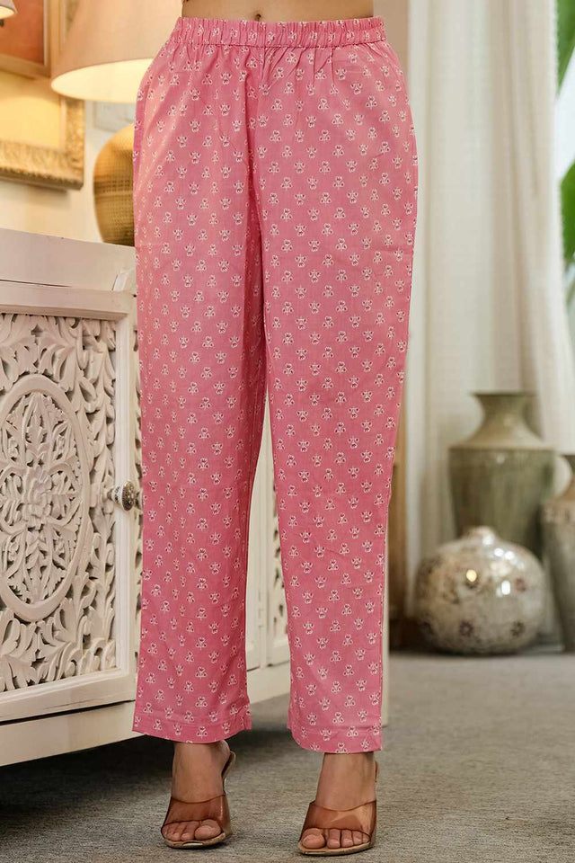 Pink Floral Print Cotton Kurti Pant Set